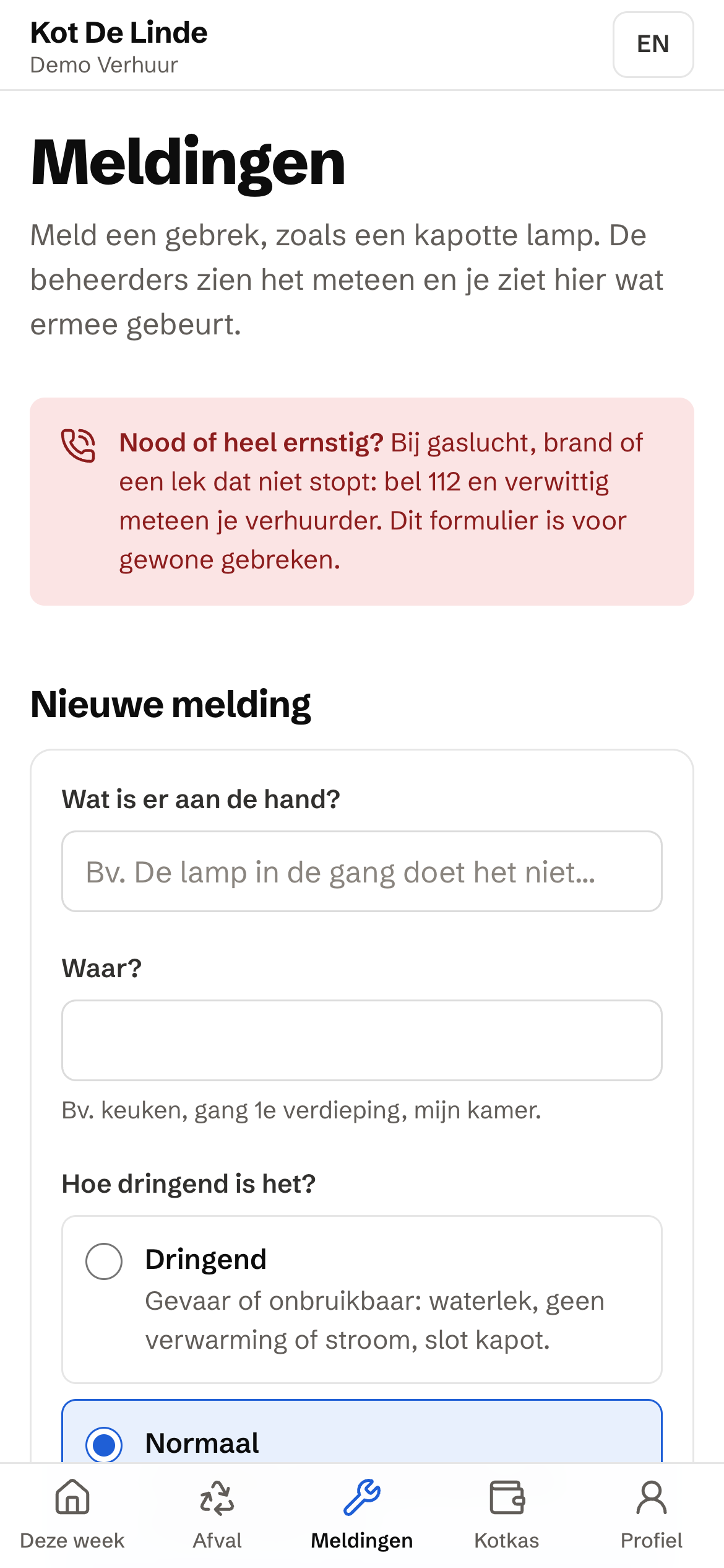 De huurdersapp: een gebrek melden, met de vraag hoe dringend het is.