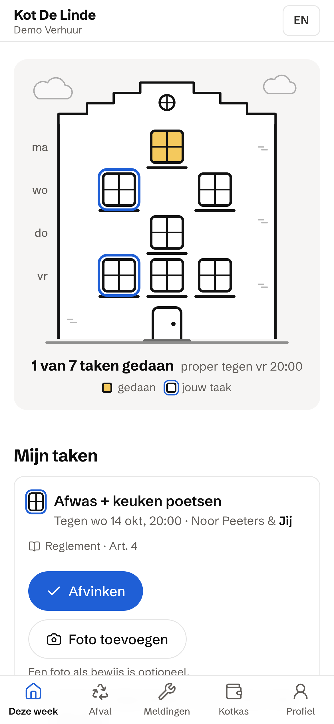 De huurdersapp: de week van het kot als gevel, elk raam is een taak, met je eigen taken eronder.